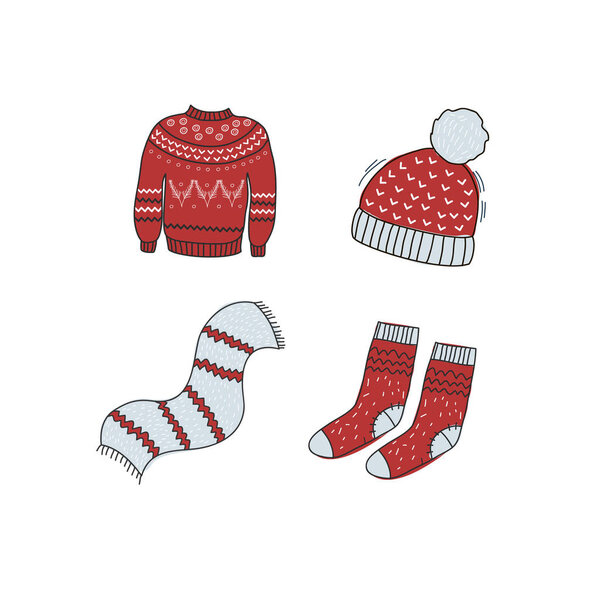 Winter warm clothes. Vector illustration of a red sweater, woolen socks, scarf, hat. Freehand doodle drawing