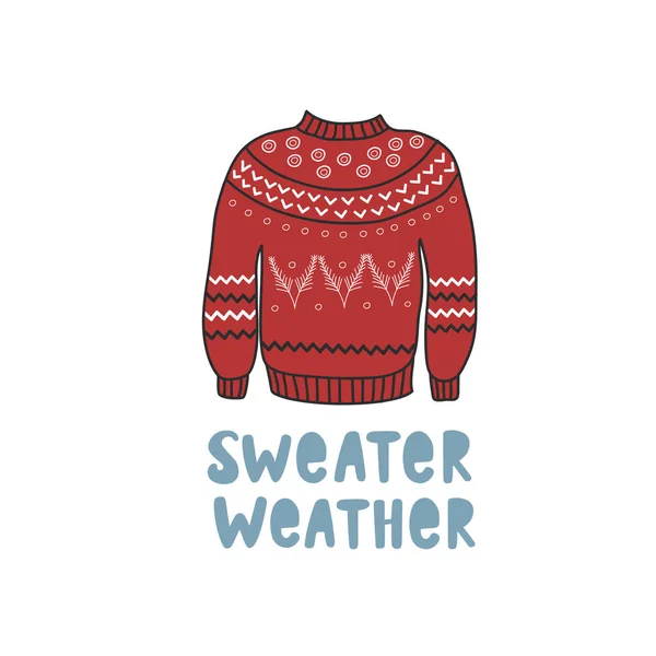 Roter Warmer Pullover Mit Weißem Muster Vektor Freihand Illustration Doodle — Stockvektor