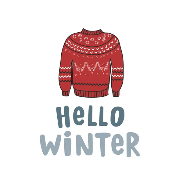 Maglione Invernale Caldo Rosso Con Iscrizione Ciao Inverno Illustrazione Colori — Vettoriale Stock