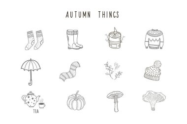 Sonbahar şeyleri seti. Karalama tarzında vektör serbest çizim. Vektör simgeleri