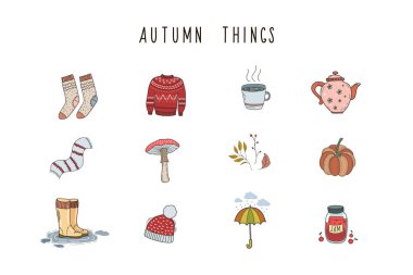 Renkli sonbahar şeyleri. Karalama biçiminde vektör el yazısı çizimi