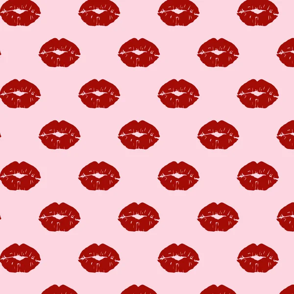Vektorový vzor s červenými otisky rtů na růžovém pozadí. Barevný ornament s polibky ve stylu pop art. — Stockový vektor