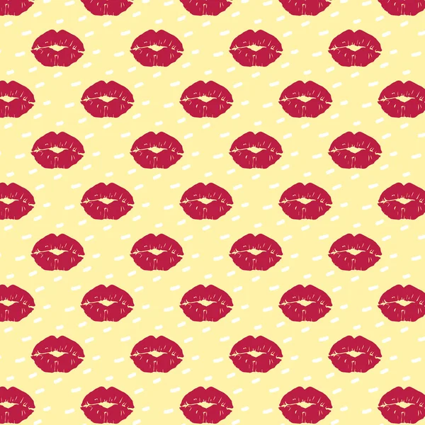 Vektorový vzorec s červenými rty. Nádherná ozdoba s polibky na žlutém pozadí — Stockový vektor