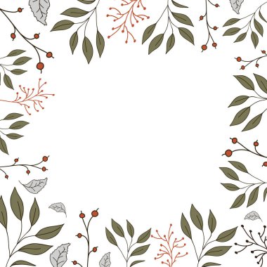 Yeşil yapraklar ve kırmızı böğürtlenler. Serbest vektör çizimi. Kartpostal veya pankart için botanik tasarımı.