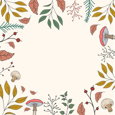 Sonbahar bitkilerinin çerçevesi. Yapraklı, mantarlı, sonbahar yapraklı vektör rengi çizimi.