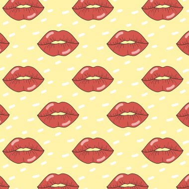 Kırmızı dudaklı vektör deseni. Sarı arka planda öpücüklerle süslenmiş muhteşem bir süs.