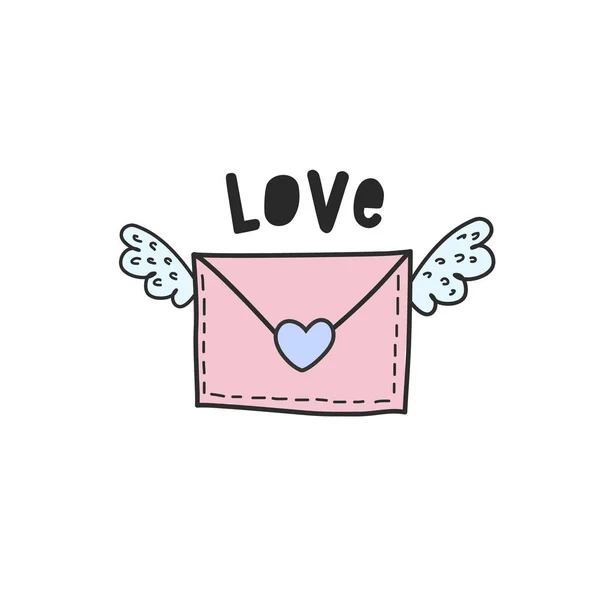 Envelope with a love message with wings. Valentines Day. Color vector illustration in doodle style. — ストックベクタ