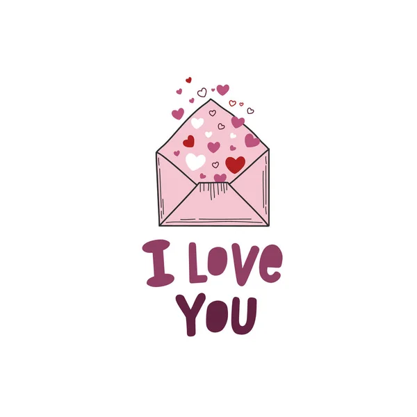 Envelope aberto com corações. A inscrição que te amo. Ilustração vetorial de cor no estilo doodle . — Vetor de Stock
