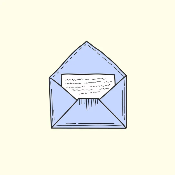 Envelope aberto com uma carta lá dentro. Símbolo postal. Ilustração vetorial colorida em estilo doodle —  Vetores de Stock