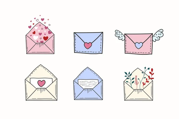 Bir dizi zarf ve mektup. Bir aşk mesajının vektör rengi çizimi. Serbest karalama çizimi