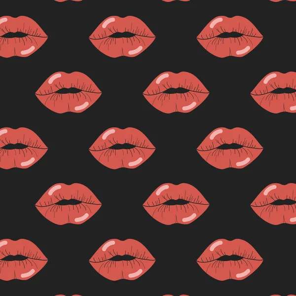 Patrón vectorial con impresiones de labios rojos sobre fondo negro. Adorno de colores con besos en el estilo del arte pop . — Archivo Imágenes Vectoriales