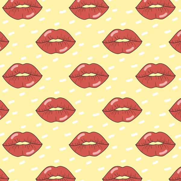 Patrón vectorial con impresiones de labios rojos. Un espléndido adorno con besos sobre un fondo amarillo — Vector de stock