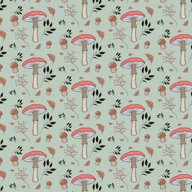 Orman mantarlı vektör deseni, mantar mantarı, bitki, yaprak. Yeşil arka plan. Botanik illüstrasyon 