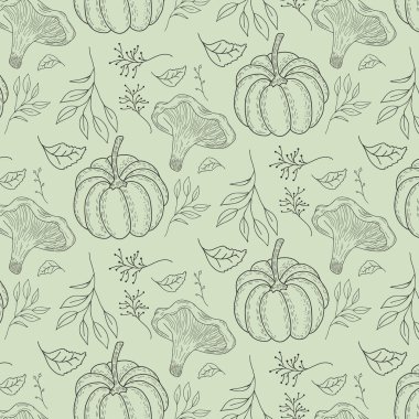 Mantarlı mantar, balkabağı, yaprak ve böğürtlenli sonbahar deseni. Yeşil arka plan. Vektör orman süsü.