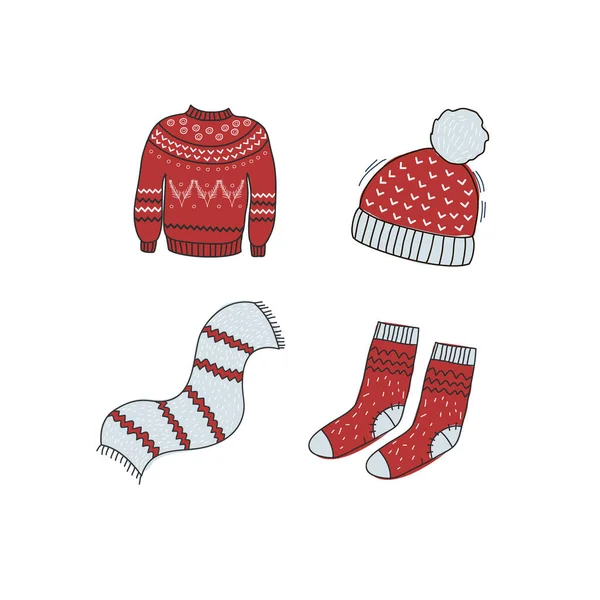 Vestiti caldi invernali. Illustrazione vettoriale di un maglione rosso, calzini di lana, sciarpa, cappello. Disegno scarabocchio a mano libera — Vettoriale Stock