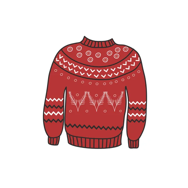 Красный теплый свитер с белым рисунком. Векторная свободная иллюстрация в стиле каракулей. Зимняя одежда — стоковый вектор
