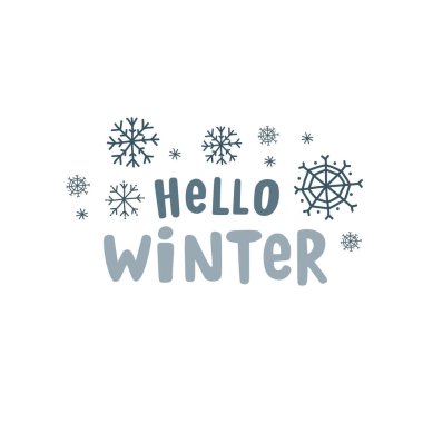 Merhaba kış. Mavi vektör eli kar taneleriyle çizilmiş. Karalama biçiminde poster tasarımı