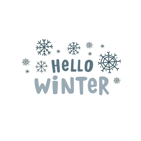 Hola invierno. Letras dibujadas a mano de vector azul con copos de nieve. Diseño de póster en estilo doodle — Archivo Imágenes Vectoriales