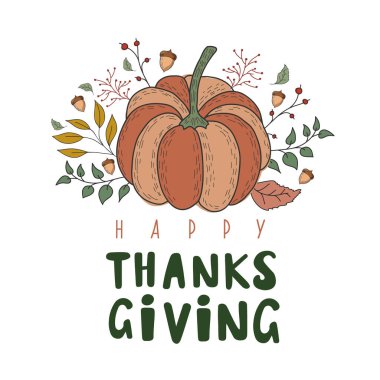 Sonbahar yapraklı balkabağı, böğürtlen ve meşe palamudu. Vektör renk çizimi. Mutlu Şükran Günleri