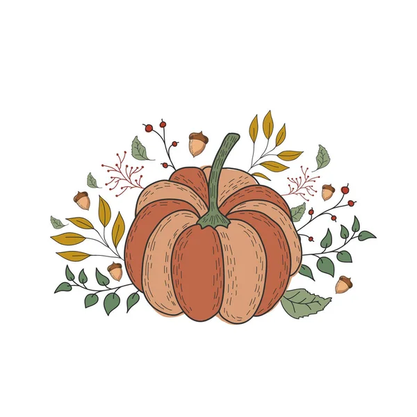 Kürbis mit Herbstblättern, Beeren und Eicheln. Vektorfarbendarstellung. Postkarten- oder Plakatgestaltung. — Stockvektor
