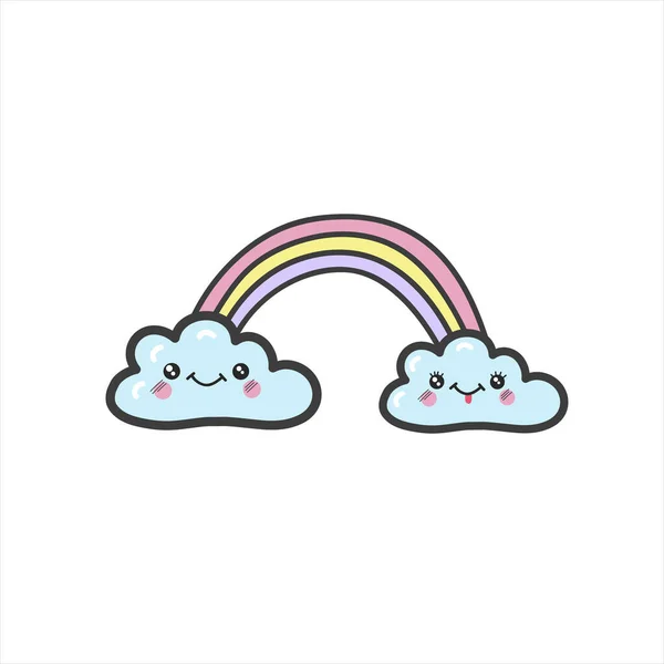 Niedlichen Kawaii Regenbogen Mit Zwei Wolken Vektor Farbabbildung Doodle Stil — Stockvektor