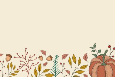 Yapraklar, böğürtlenler, balkabakları ve meşe palamutlarıyla sonbahar arka planı. Vektör renk çizimi. Yatay arkaplan. Sonbahar festivali