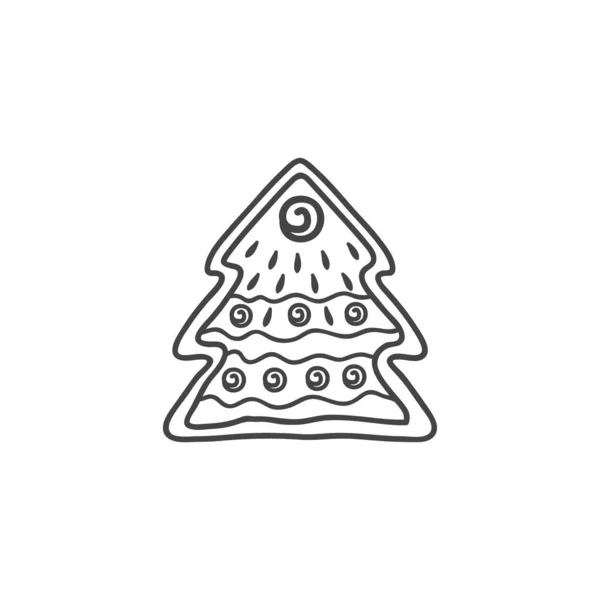 Μπισκότο μελόψωμο σε μορφή χριστουγεννιάτικου δέντρου. Διανυσματική γραμμική απεικόνιση σε στυλ doodle. Μελόψωμο. — Διανυσματικό Αρχείο
