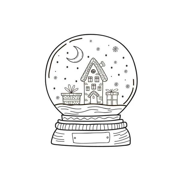 家とクリスマスクリスタルボール。ベクトル線形イラスト。クリスマスプレゼントのジンジャーブレッドハウス. — ストックベクタ