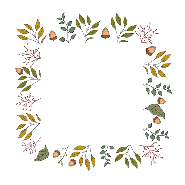 Yapraklar, palamutlar ve bitkilerle dolu sonbahar çerçevesi. Vektör renk çizimi. Kartpostal şablonu