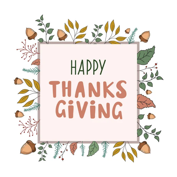 Mutlu Şükran Günleri Sonbahar yaprakları ve meşe palamudu çerçevesi. Vektör renk el yazması çizimi