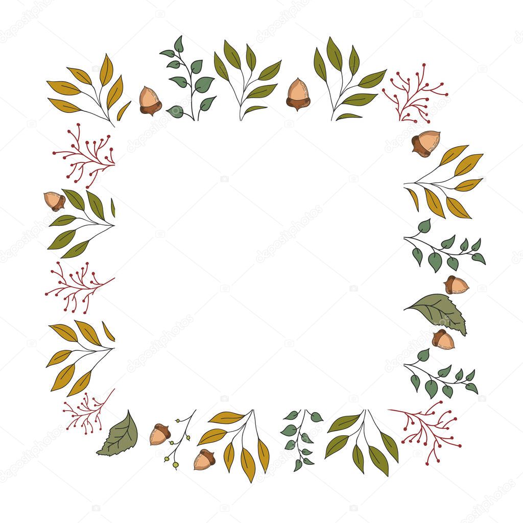 Autumn frame with leaves, acorns and plants. Vector color illustration. Postcard template