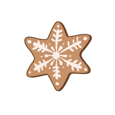Yıldız şeklinde zencefilli kurabiye. Elle vektör rengi illüstrasyonu. Noel tatlıları