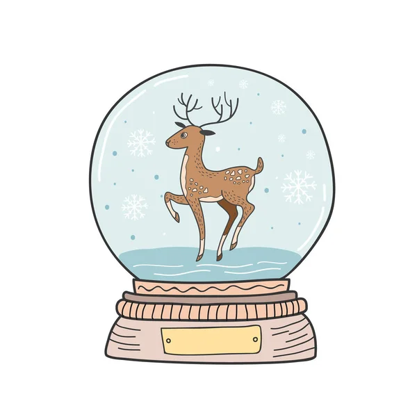 Bola Cristal Navidad Con Ciervos Copos Nieve Ilustración Color Vectorial — Archivo Imágenes Vectoriales
