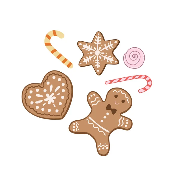 Merry Christmas Christmas Sweets Gingerbread Man Gingerbread Cookie Candy Cane — Stock Vector