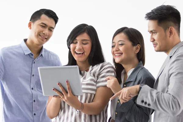 Business people with tablet smiling — Stock Photo, Image