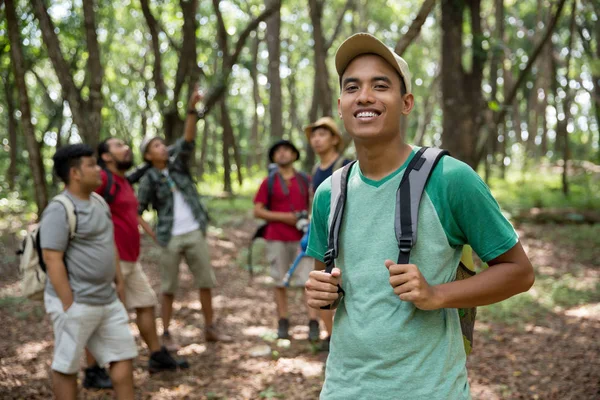 Young man hiker smiling to camera — Stock Photo, Image