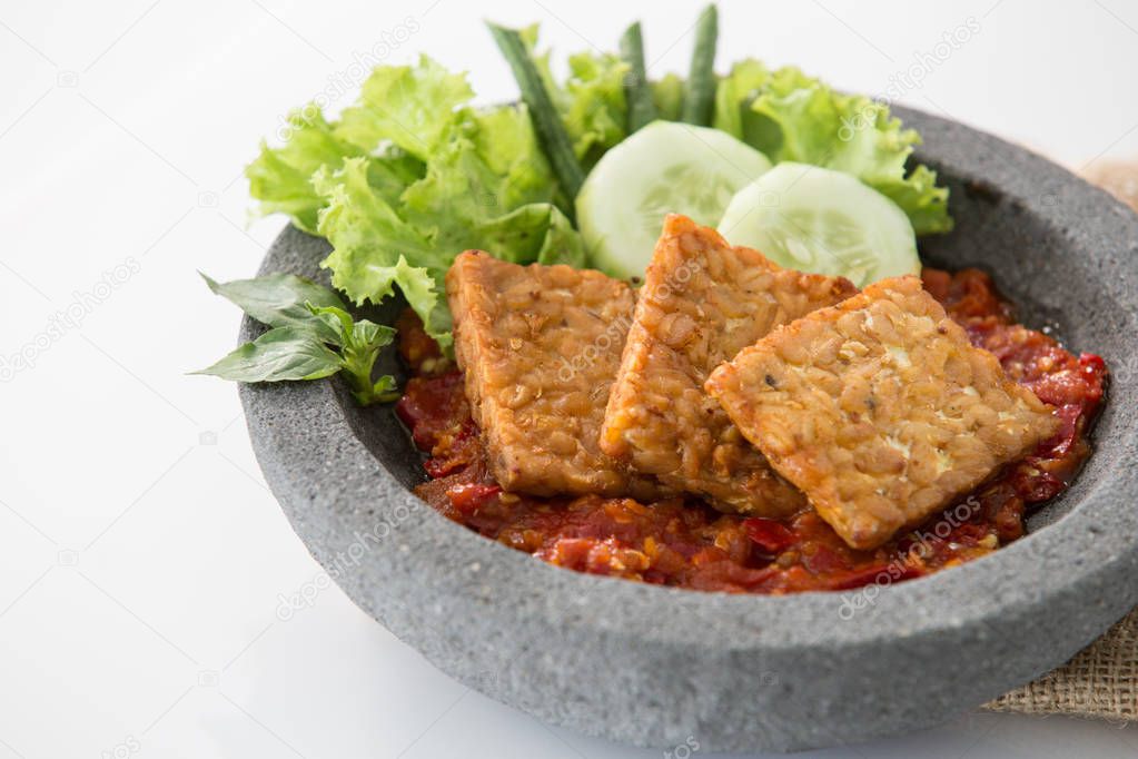 tempe goreng or fried tempe with spicy sambal