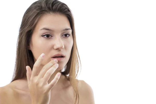 Beautiful girl touching her lips — Stock Photo, Image