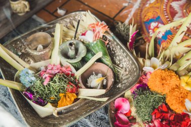 daily offerings canang sari made by Balinese Hindus to thank the clipart