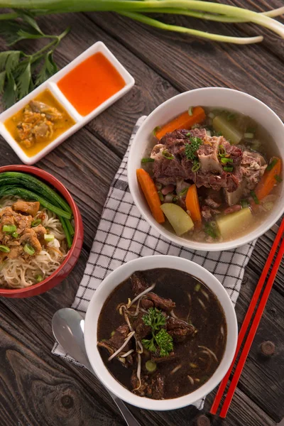 Rawon, sop buntut and mie ayam — Stock Photo, Image