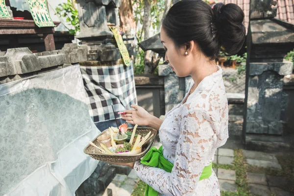 Balinese mulher fazendo ritual oferecendo canang sari e orando em — Fotografia de Stock