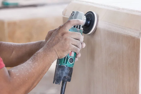 Workers hands at carpenter workspace refining the surface of woo — Stock Photo, Image