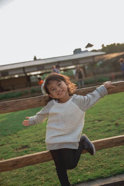 Ułożenia dziecka uśmiech wspina się ogrodzenia z drewna — Zdjęcie stockowe