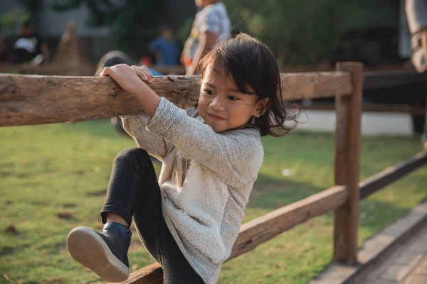 Kind klettert über Holzzaun auf Feld — Stockfoto
