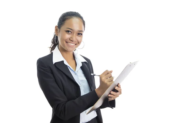 Joven fetichista escribiendo informe mientras está de pie y sonriendo —  Fotos de Stock