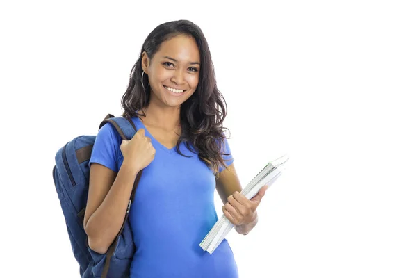 Högskolestudent bär ryggsäck och bära böcker — Stockfoto