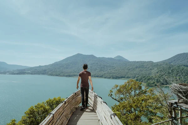 Male enjoy the nature looking from above hill — Stock Photo, Image