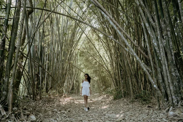 Stylish young woman taking picture for social media in bamboo fo — Stock Photo, Image