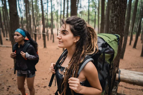 Młoda kobieta wycieczkowicz korzystających, trekking w lesie — Zdjęcie stockowe