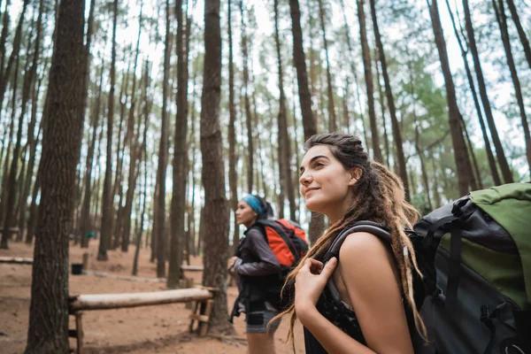 Two young female hiker walking in beautiful nature — Stock Photo, Image